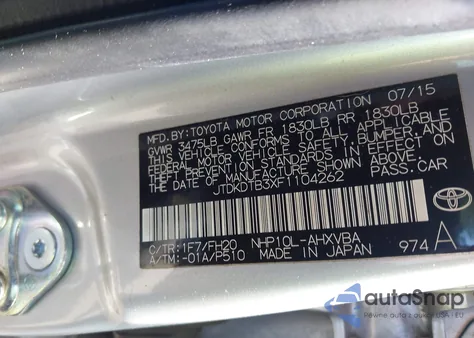 2015 Toyota Prius C One из США, поврежденный, VIN JTDKDTB3XF1104262